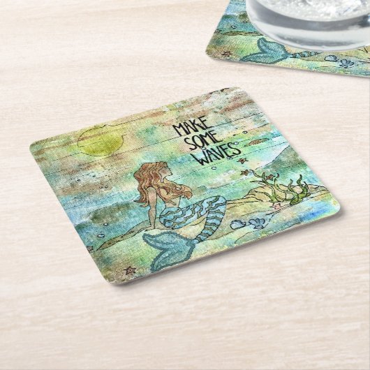美しい人魚いくつかの波を作る紙コースター スクエアペーパーコースター (アングル)