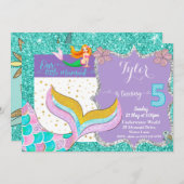 美しい人魚のテールグリッターデザインの「海の下の人魚」5歳の誕生日招待状 招待状 (正面/裏面)