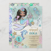 美しい人魚の海の下の世界 1歳の誕生日パーティー 招待状 (正面/裏面)