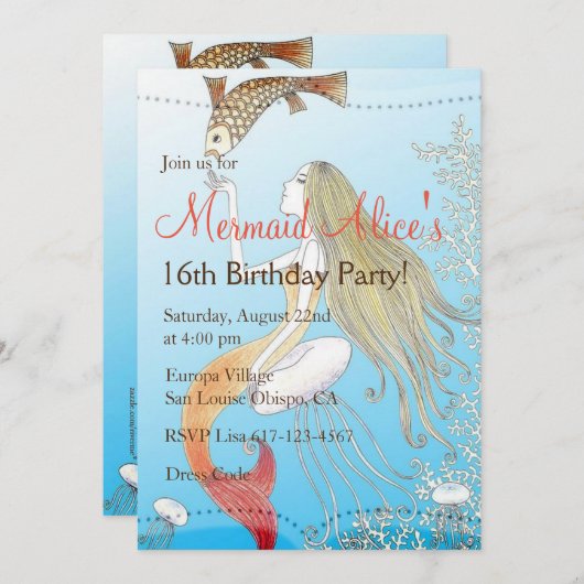 美しい人魚の菓子16の女の子の誕生日の招待 招待状 (正面/裏面)