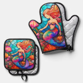美しい人魚ステンドグラスパズル 鍋つかみ&鍋敷きセット (正面/裏面)