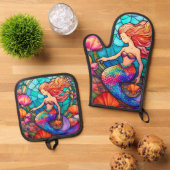 美しい人魚ステンドグラスパズル 鍋つかみ&鍋敷きセット (トップダウン)