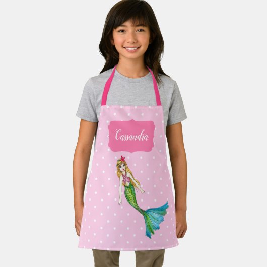 美しい人魚ピンク白い水玉模様パターン エプロン (インサイチュ)