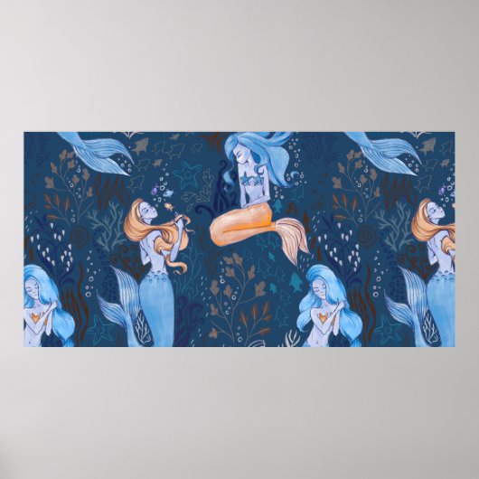 美しい人魚cの手描きのシームレスなパターン ポスター (正面)