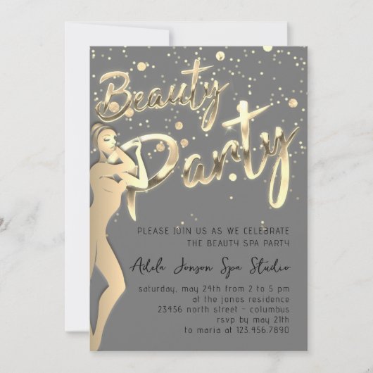 美しい体パーティーインスタントダウンロード金ゴールドグレー 招待状 (正面)