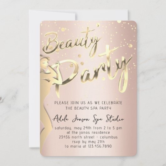 美しい体パーティーインスタントダウンロード金ゴールドバラ 招待状 (正面)