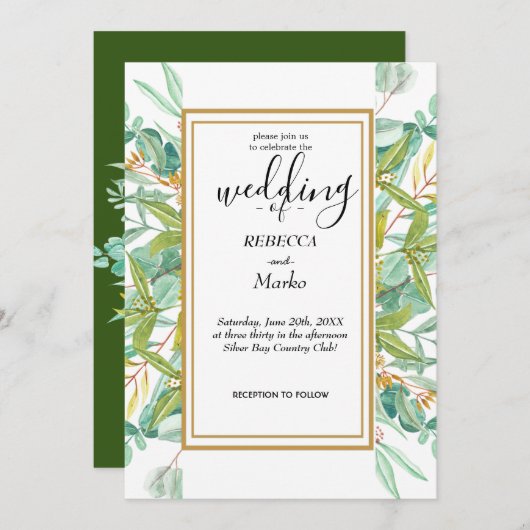 美しい優雅なユーカリの葉 招待状 (正面/裏面)