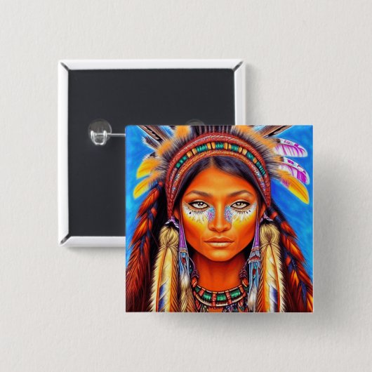 美しい先住民アメリカンウーマン 缶バッジ (正面&裏面)