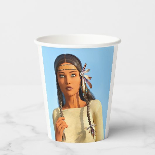美しい先住民アメリカ人女性の先住民の衣装 紙コップ (裏面)