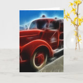 美しい光沢がある旧式で赤い普通消防車の芸術 カード (黄色い花)
