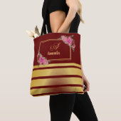 美しい光沢のある金のストライプ名ガーリーモノグラム トートバッグ (クローズアップ)