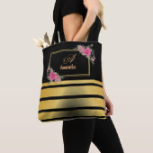 美しい光沢のある金のストライプ名ガーリーモノグラム トートバッグ (クローズアップ)