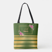 美しい光沢のある金のストライプ名ガーリーモノグラム トートバッグ (裏面)