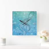 美しい光輝く効果の青いトレブルクレフ、 音符記号 スクエア壁時計 (ホーム)