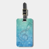 美しい光輝く効果の青いトレブルクレフ、 音符記号 ラゲッジタグ (正面縦)