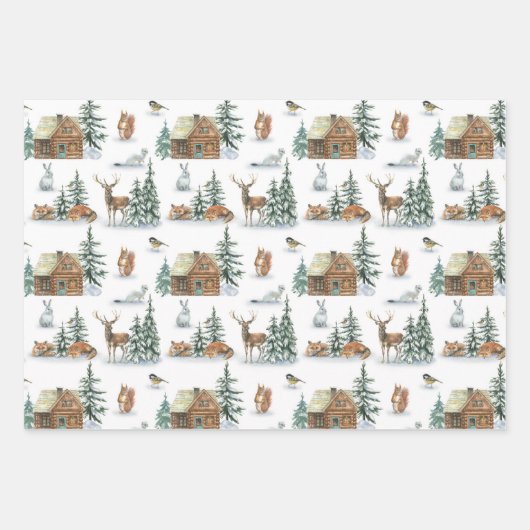 美しい冬ののまわりに動物の素朴小屋 ラッピングペーパーシート (正面2)
