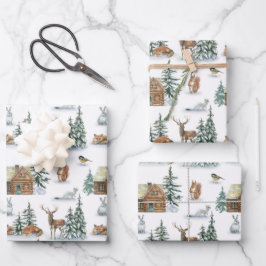 美しい冬ののまわりに動物の素朴小屋 ラッピングペーパーシート