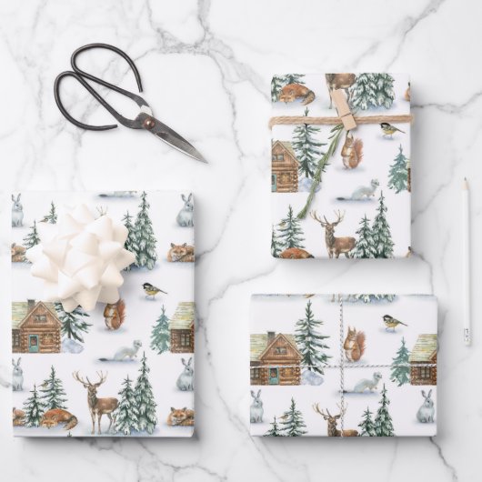 美しい冬ののまわりに動物の素朴小屋 ラッピングペーパーシート (正面)