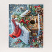 美しい冬のカーディナル鳥と鳥小屋 ジグソーパズル (縦)