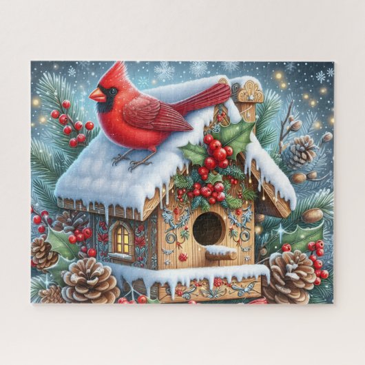 美しい冬のカーディナル鳥と鳥小屋 ジグソーパズル (横)