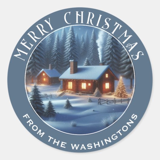 美しい冬のキャビンパーソナライズされたクリスマス ラウンドシール (正面)