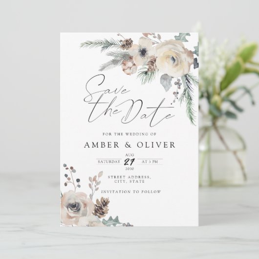 美しい冬のフローラ保存日付招待状 招待状 (スタンド正面)