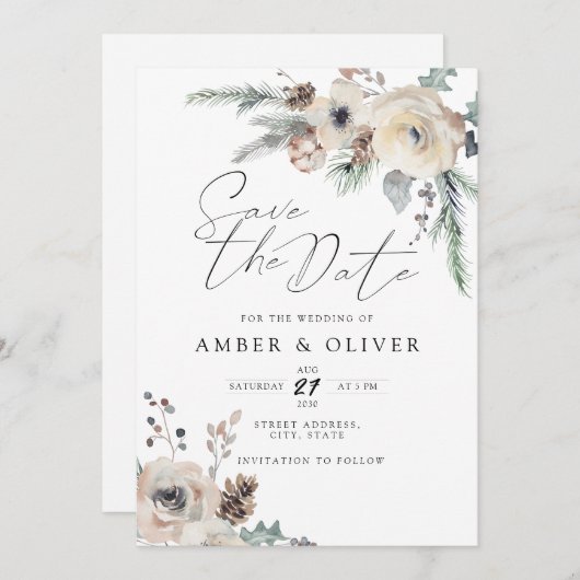 美しい冬のフローラ保存日付招待状 招待状 (正面/裏面)