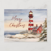 美しい冬のライトハウスシーンメリークリスマス シーズンポストカード (正面)