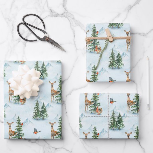 美しい冬の動物若い鹿リスの鳥 ラッピングペーパーシート (正面)
