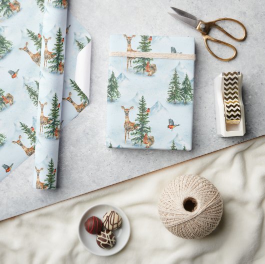 美しい冬の動物若い鹿リスの鳥 ラッピングペーパー (クラフト)