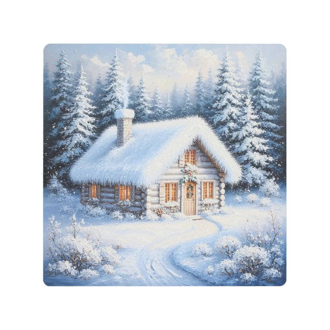 美しい冬の居心地の良い雪に覆われたキャビン メタルプリント (正面)