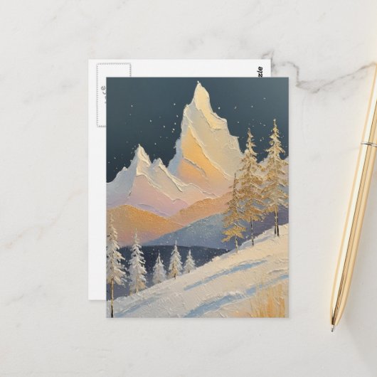美しい冬の木々と山の雪の絵画 ポストカード (正面/裏面インサイチュ)