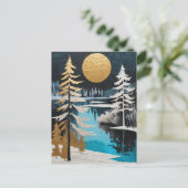 美しい冬の木々と湖の雪の絵画 ポストカード (スタンド正面)