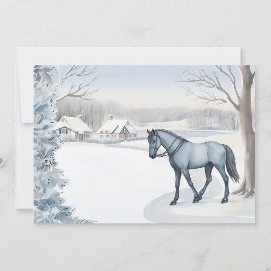 美しい冬の森の雪のようなホワイトホース誕生日 招待状 (裏面)