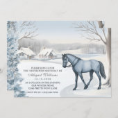 美しい冬の森の雪のようなホワイトホース誕生日 招待状 (正面/裏面)