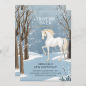 美しい冬の森の雪のようなホワイトホース誕生日 招待状 (正面/裏面)