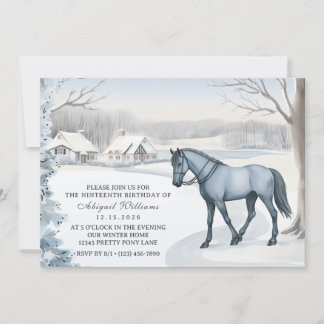 美しい冬の森の雪の白い馬の誕生日 招待状