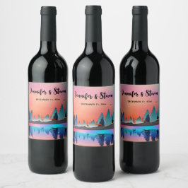 美しい冬の湖とシカのウェディング ワインラベル