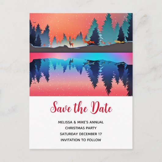 美しい冬の湖と鹿のクリスマス セーブ・ザ・デート インビテーションポストカード (正面)