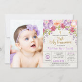 美しい初の聖なる聖餐会紫の金ゴールドフローラ 招待状 (正面)