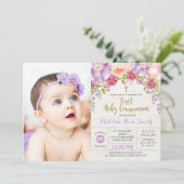 美しい初の聖なる聖餐会紫の金ゴールドフローラ 招待状 (スタンド正面)