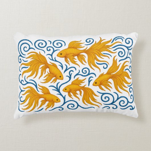 美しい刺繍の金色の魚 アクセントクッション (正面)