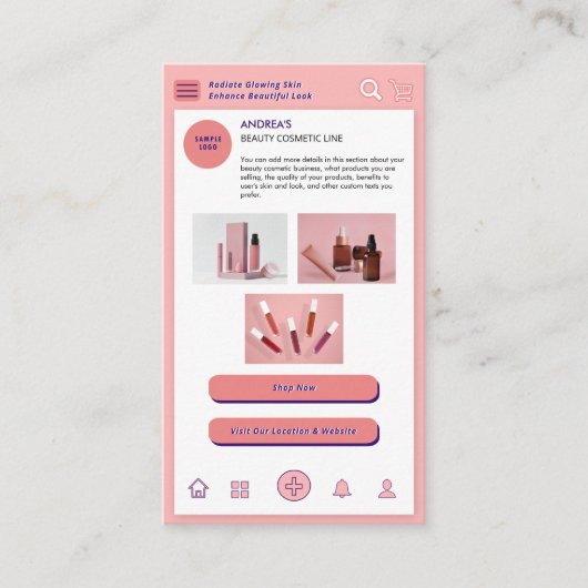 美しい化粧カスタムブランディング写真赤面ピンク 名刺 (正面)