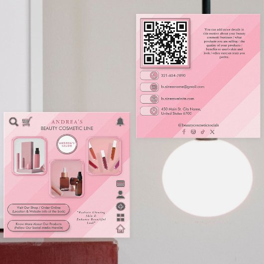 美しい化粧品気に肌写真の追加QRコードピンク スクエア名刺