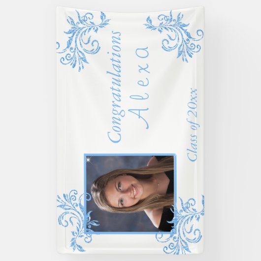 美しい卒業ブルーグリッターつる植物スターズバン 横断幕 (縦)