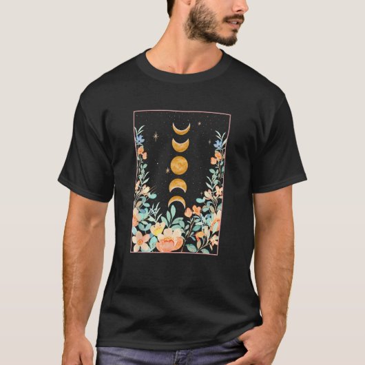 美しい占星術月の満ち欠けフラワーボホスタイル天体 Tシャツ (正面)