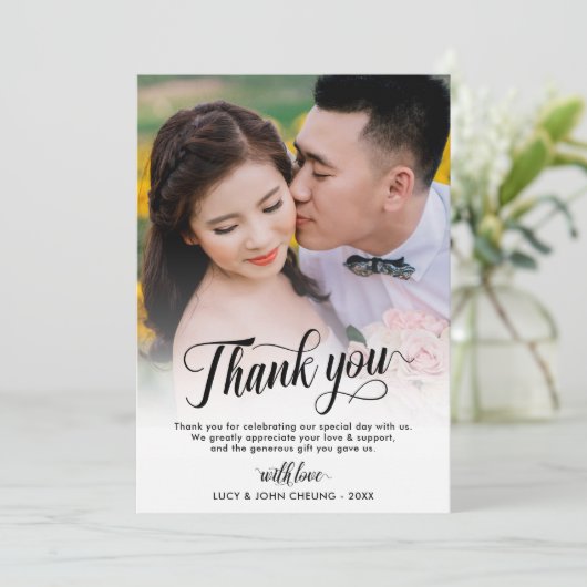 美しい原稿の写真の結婚式 サンキューカード (スタンド正面)