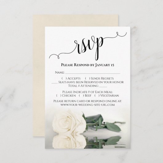 美しい反射アイボリーまたは白結婚バラ 出欠カード (正面/裏面)