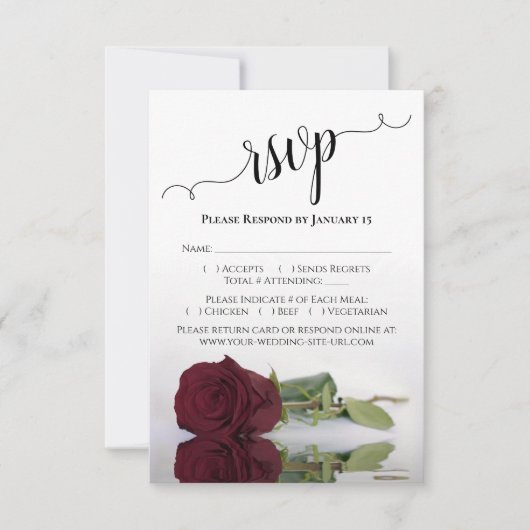 美しい反射ブルゴーニュバラ結婚ズ 出欠カード (正面)