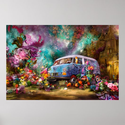 美しい古いティール(緑がかった色)コンビバンとカラフル花 ポスター (正面)